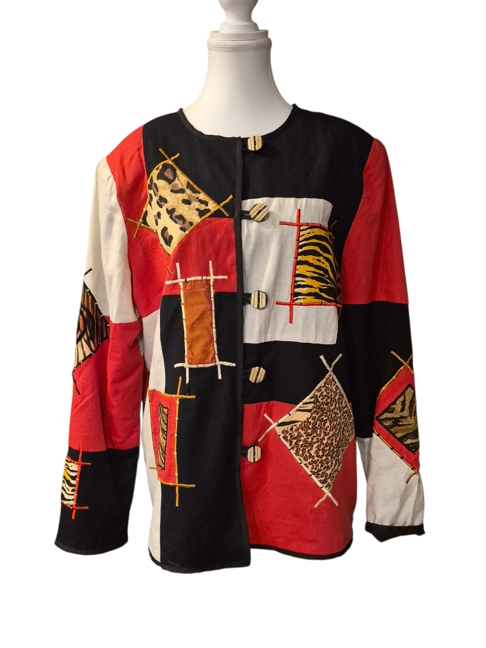 Allure Colorblock Red Black White Patchwork Blazer with Animal Print